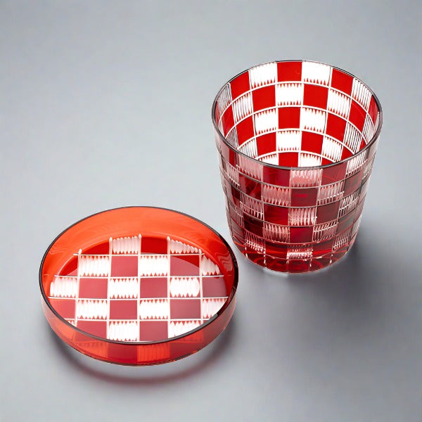 Hirota Glass Edo Kiriko Futachoko Glass with Lid - Ichimatsu 市松