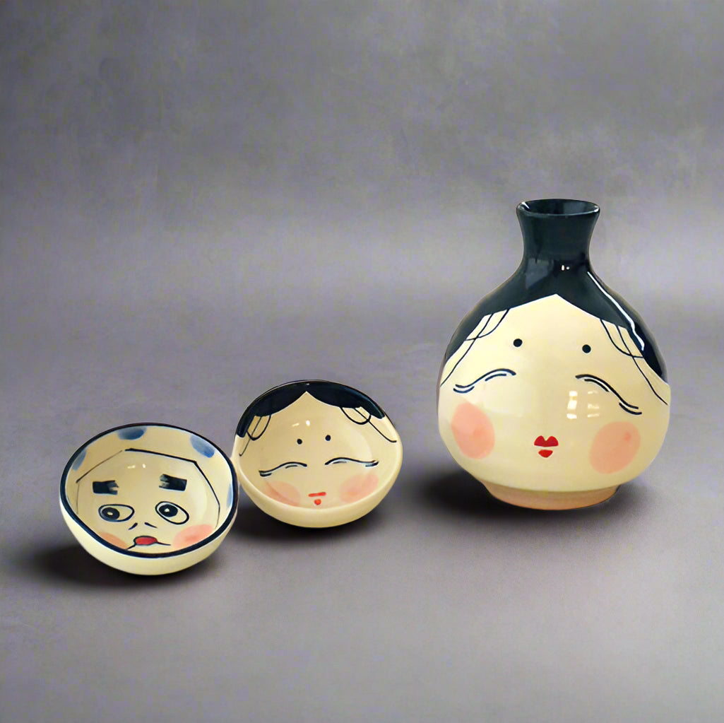 Mino-ware Okame Face Sake Set