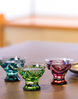Satsuma Kiriko Legged Sake Glass - Cut 202 (Azure Gold Red)