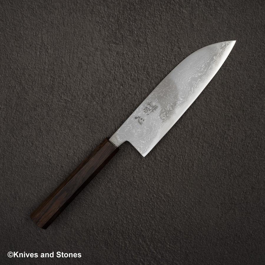 Hatsukokoro Blue 2 Damascus Migaki Santoku 180mm Ebony Handle