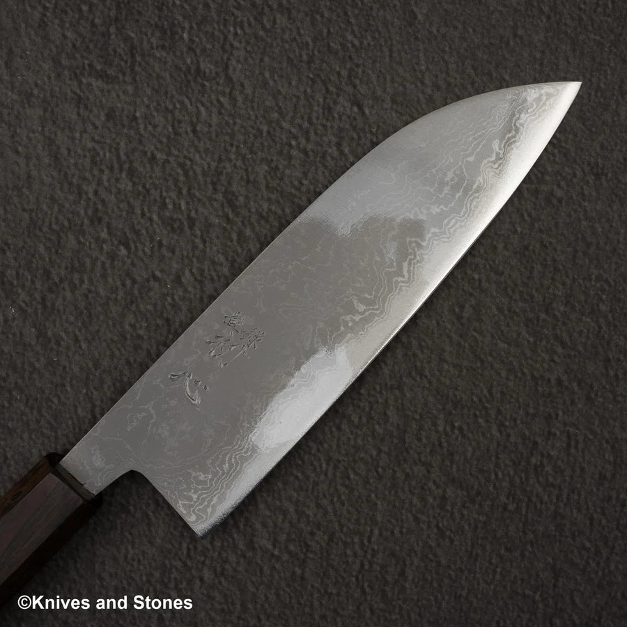 Hatsukokoro Blue 2 Damascus Migaki Santoku 180mm Ebony Handle