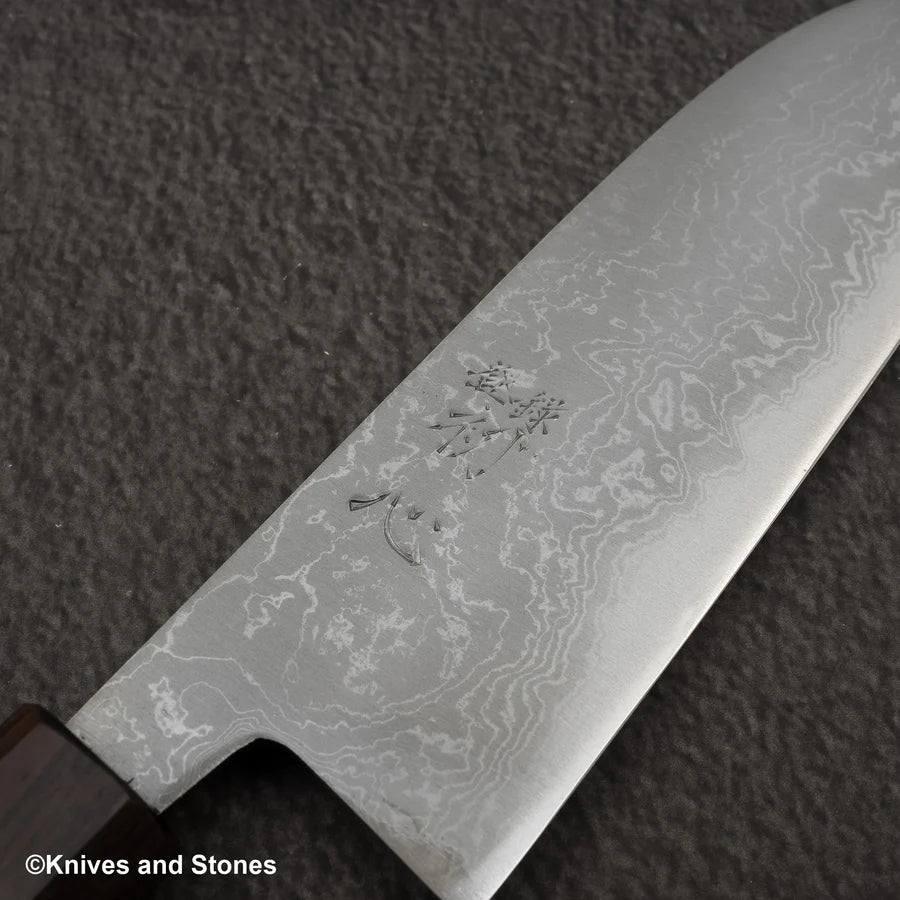 Hatsukokoro Blue 2 Damascus Migaki Santoku 180mm Ebony Handle