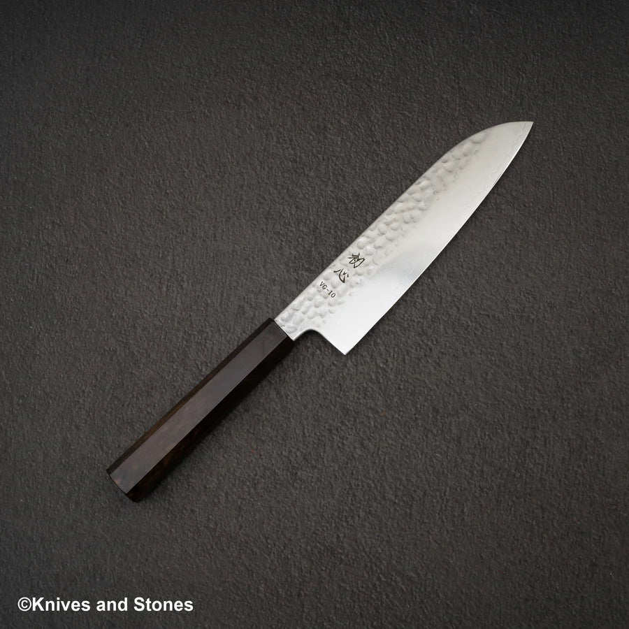 Hatsukokoro Hayabusa VG10 Damascus Tsuchime Santoku 180mm Ebony Handle