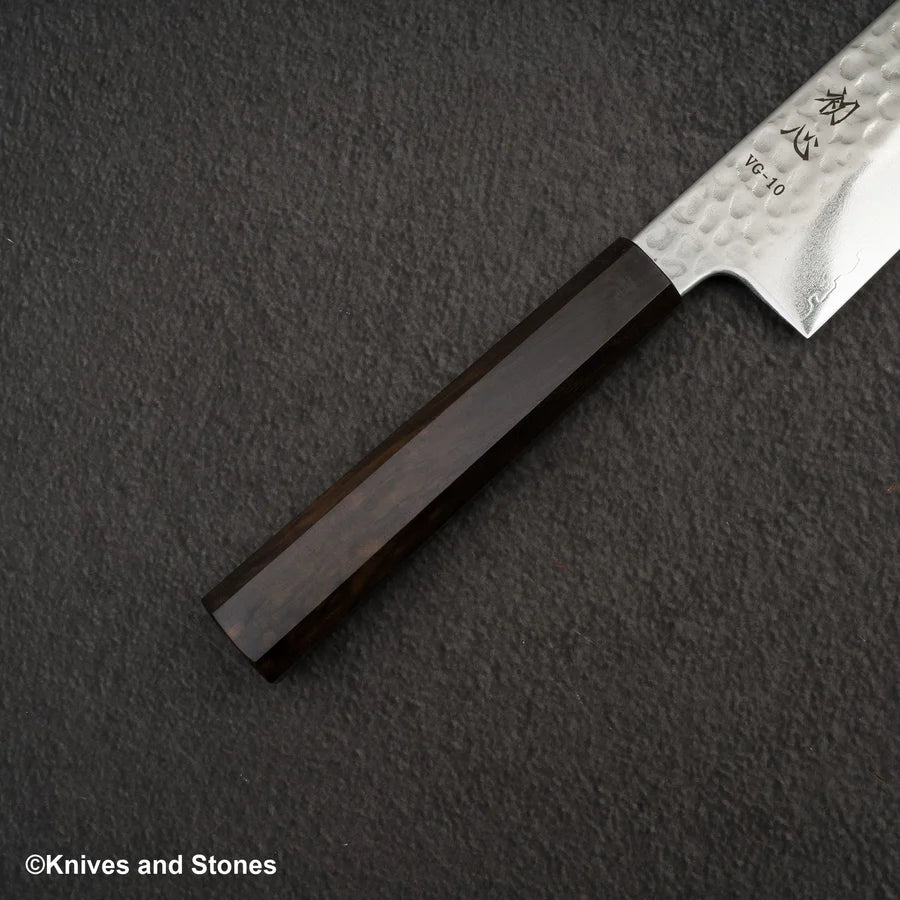 Hatsukokoro Hayabusa VG10 Damascus Tsuchime Santoku 180mm Ebony Handle