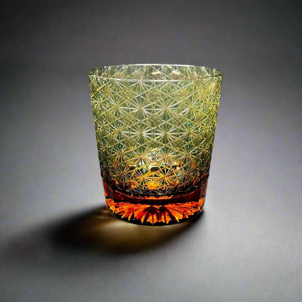 Yamada Glass Edo Kiriko Crystal Whisky Glass - Entsunagi 縁繋ぎ (Amber Green)