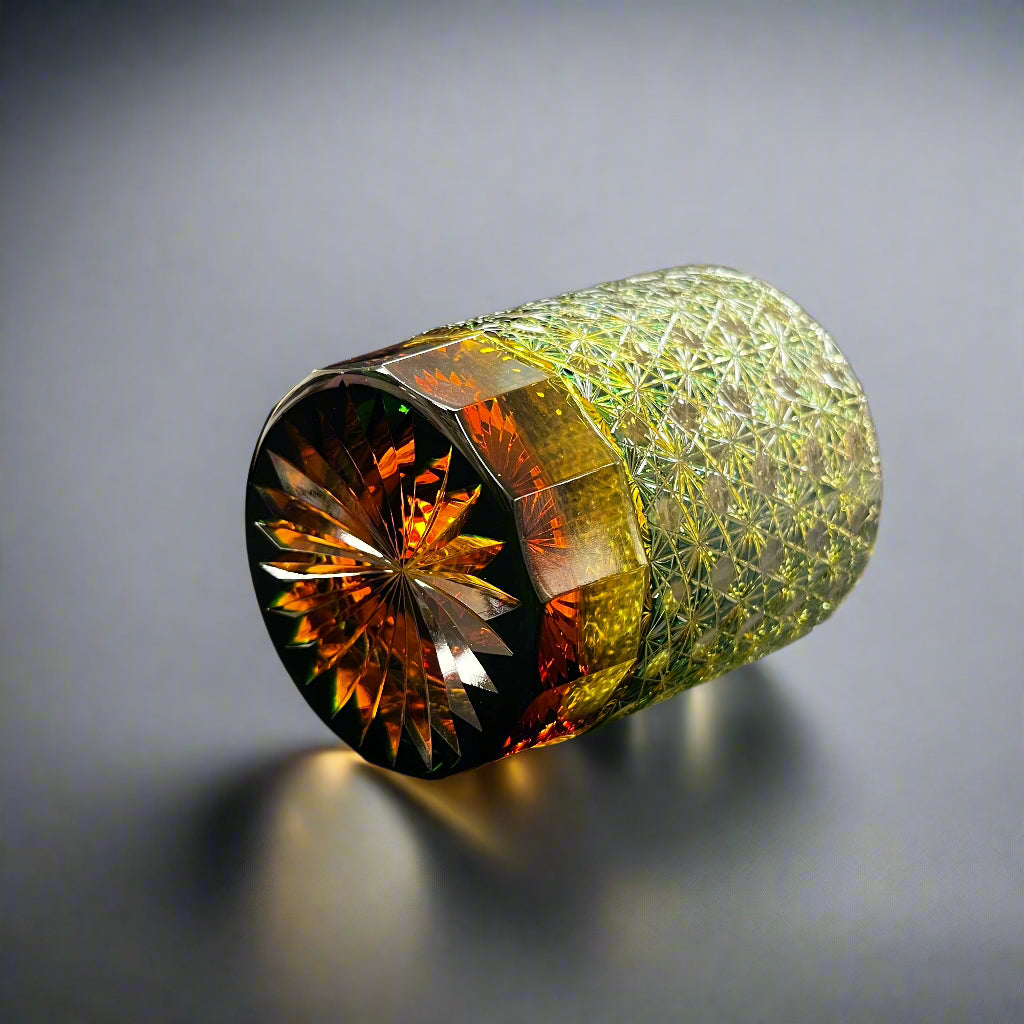 Yamada Glass Edo Kiriko Crystal Whisky Glass - Entsunagi 縁繋ぎ (Amber Green)