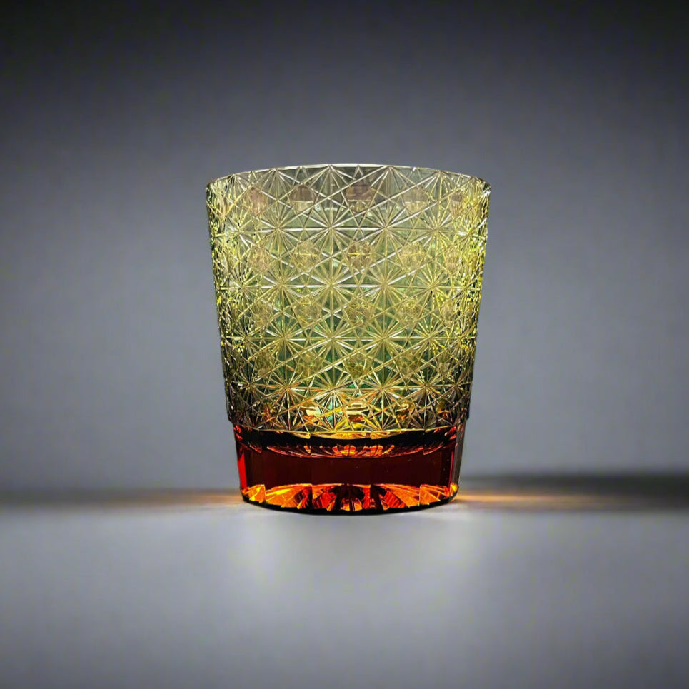 Yamada Glass Edo Kiriko Crystal Whisky Glass - Entsunagi 縁繋ぎ (Amber Green)