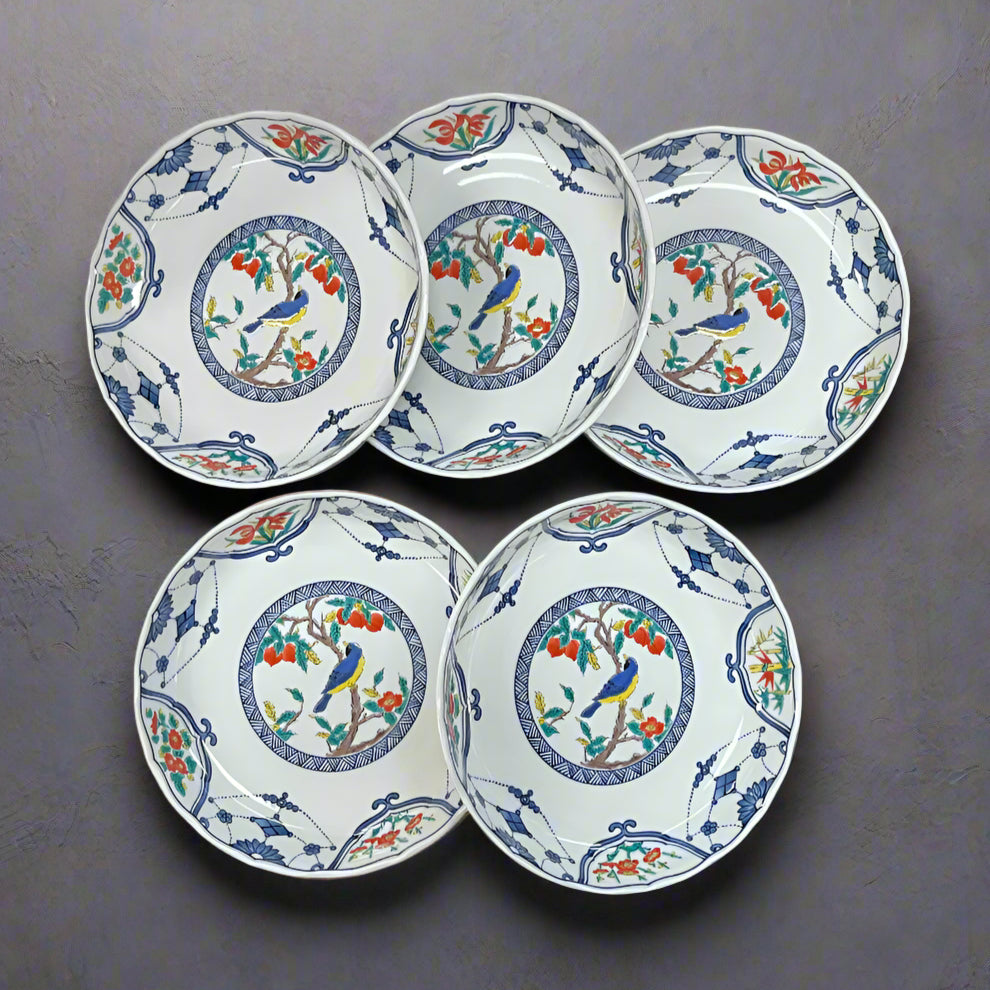 Kutani-ware Seiko Kiln Floral and Bird Plate Set (5 pcs)