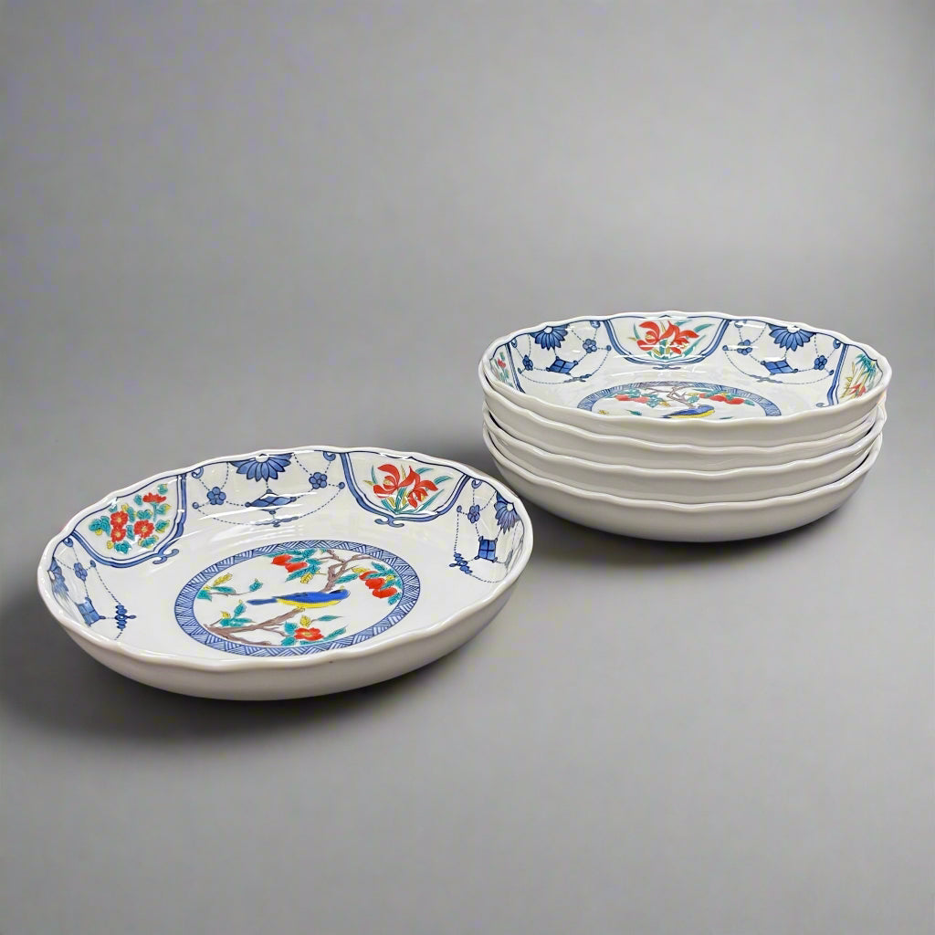 Kutani-ware Seiko Kiln Floral and Bird Plate Set (5 pcs)