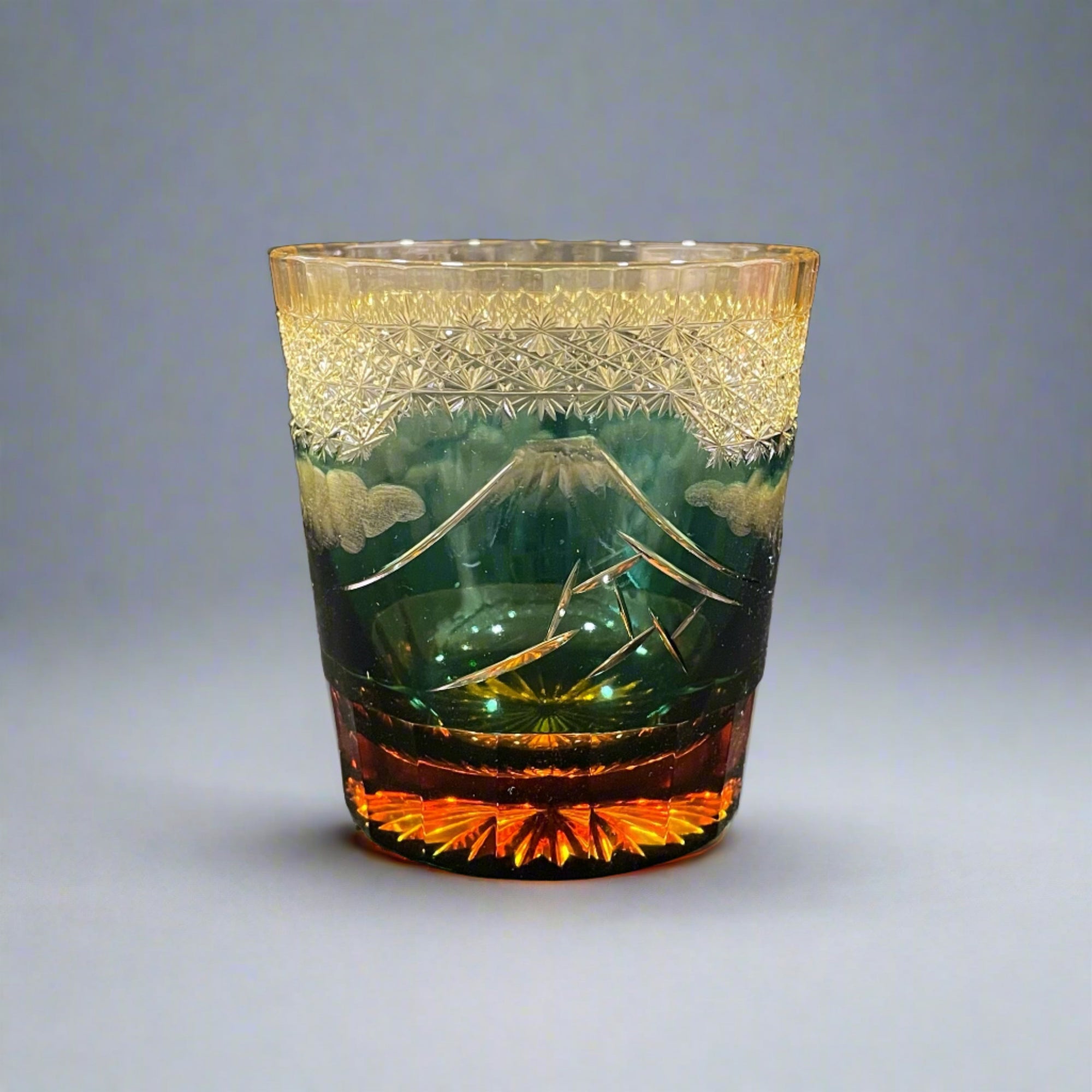 Yamada Glass Edo Kiriko Crystal Whisky Glass - Mt Fuji 山下白雨 (Amber Green)