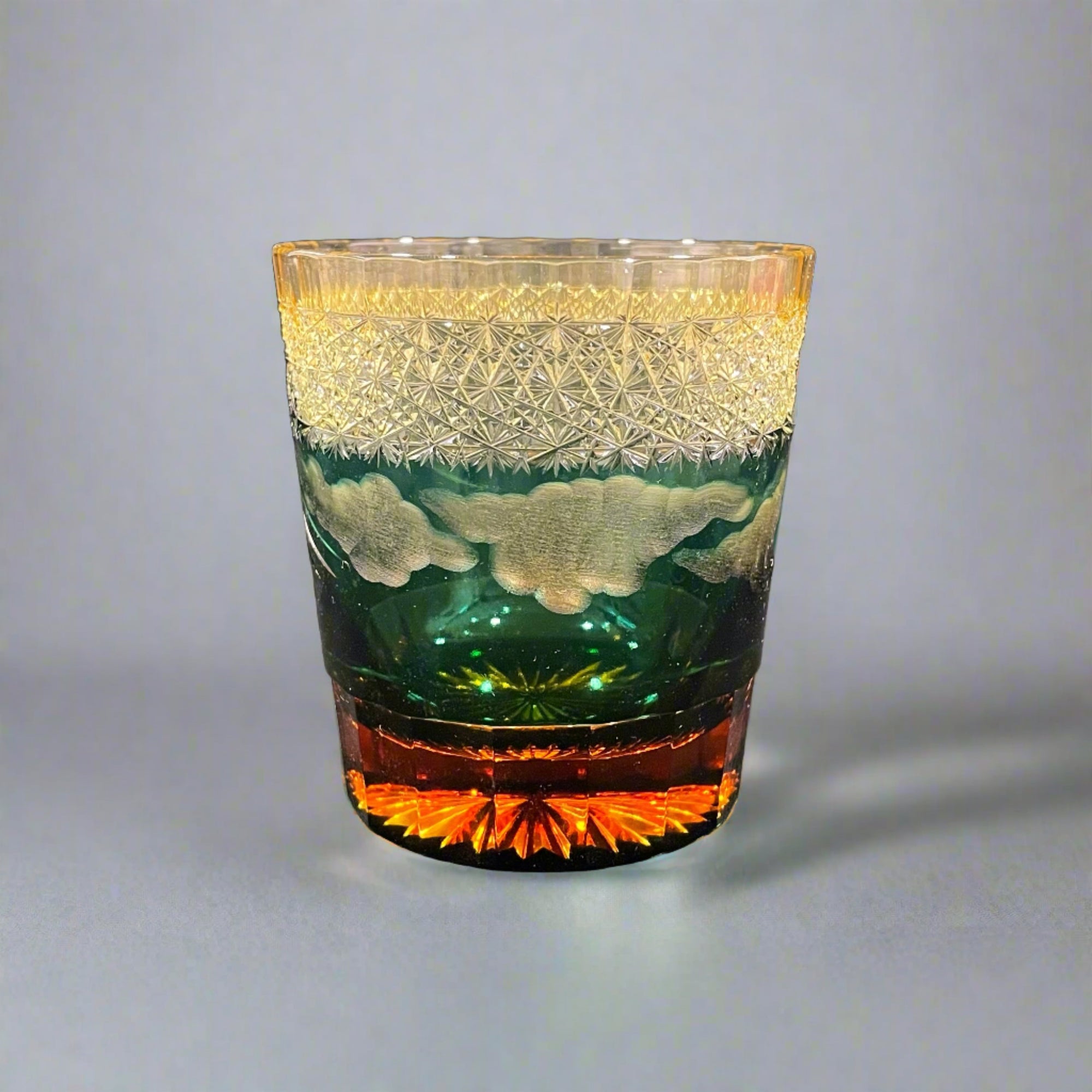 Yamada Glass Edo Kiriko Crystal Whisky Glass - Mt Fuji 山下白雨 (Amber Green)