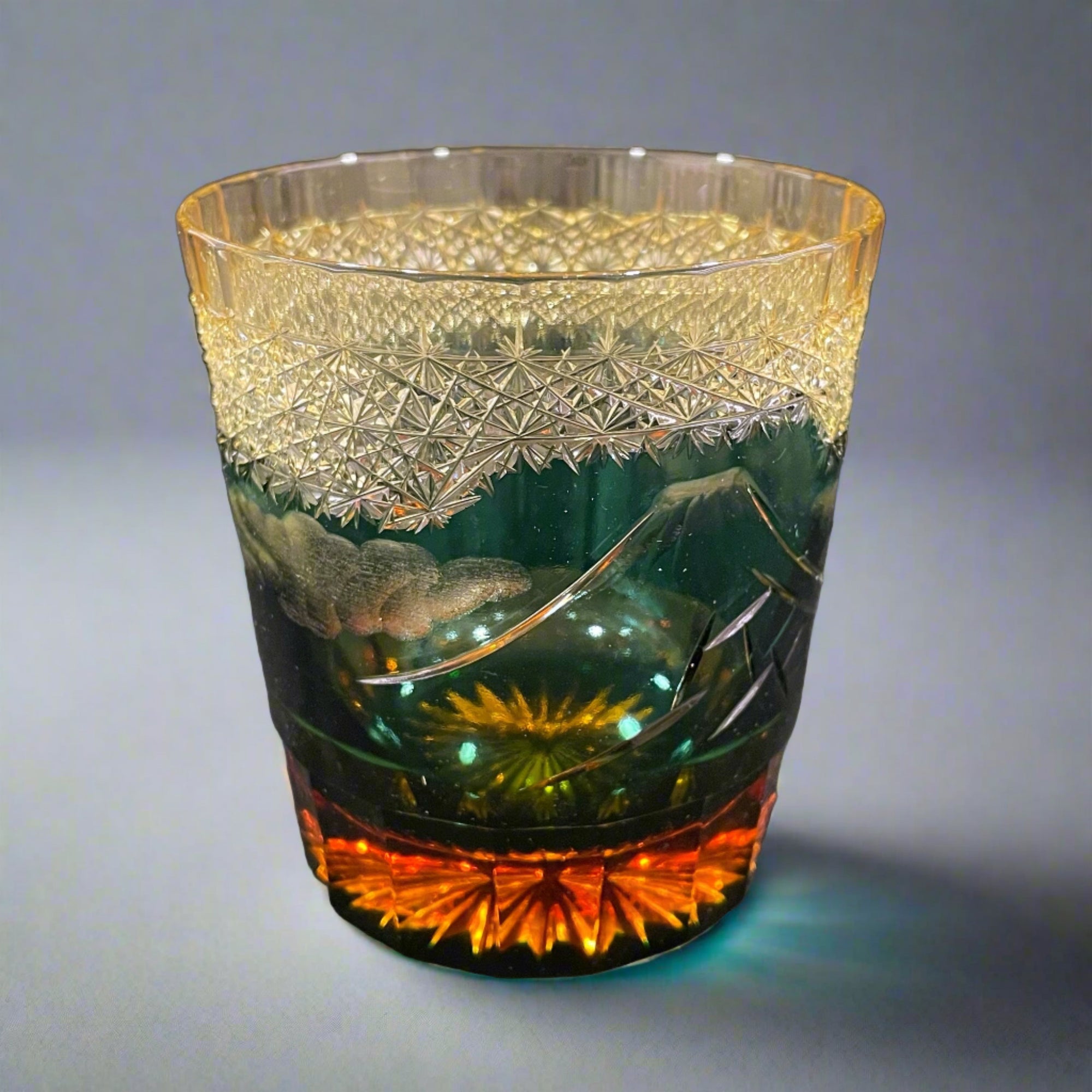 Yamada Glass Edo Kiriko Crystal Whisky Glass - Mt Fuji 山下白雨 (Amber Green)