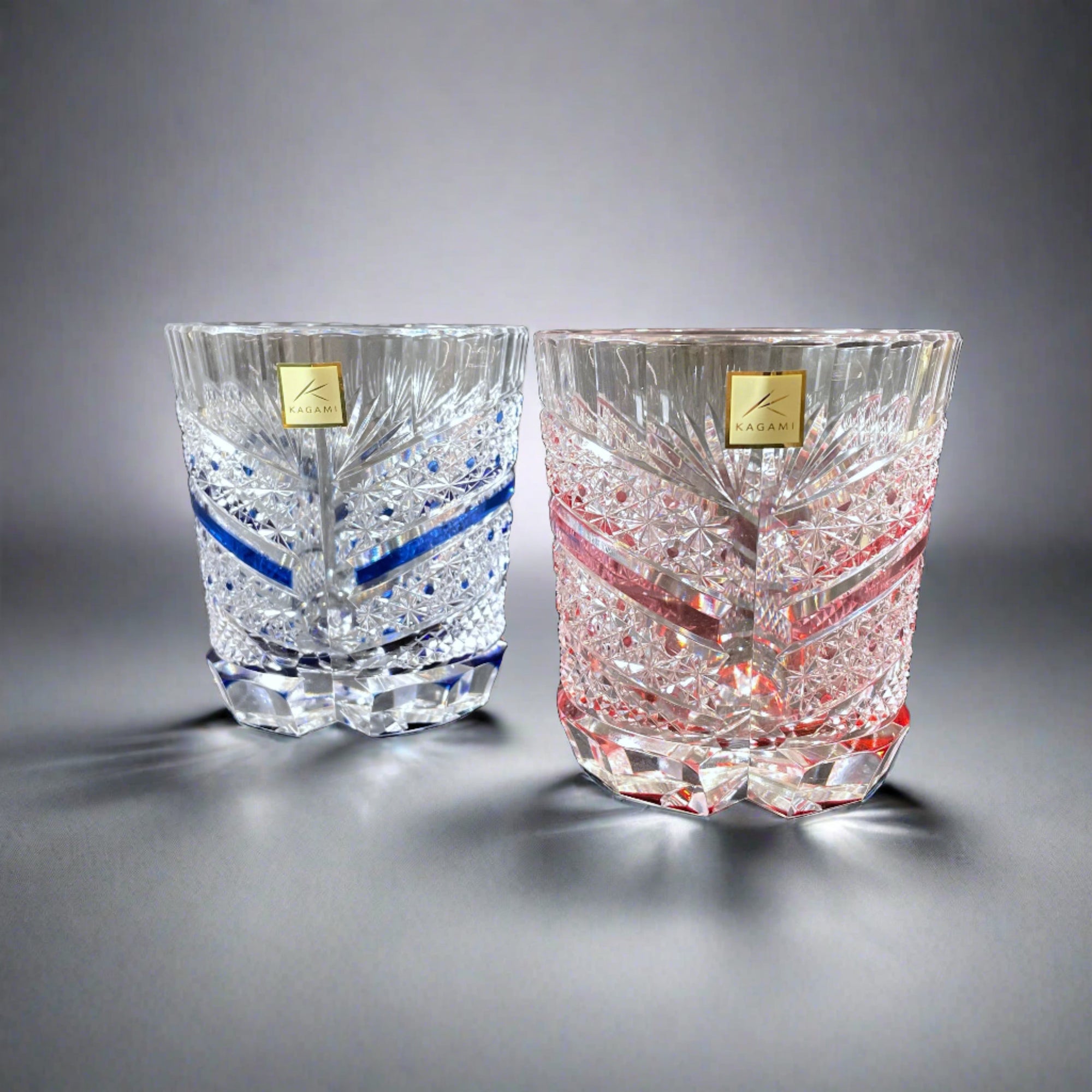 Kagami Rock Glass Pair Set - Chrysanthemum Basket Weave & Fish Scales 菊籠目に魚子紋