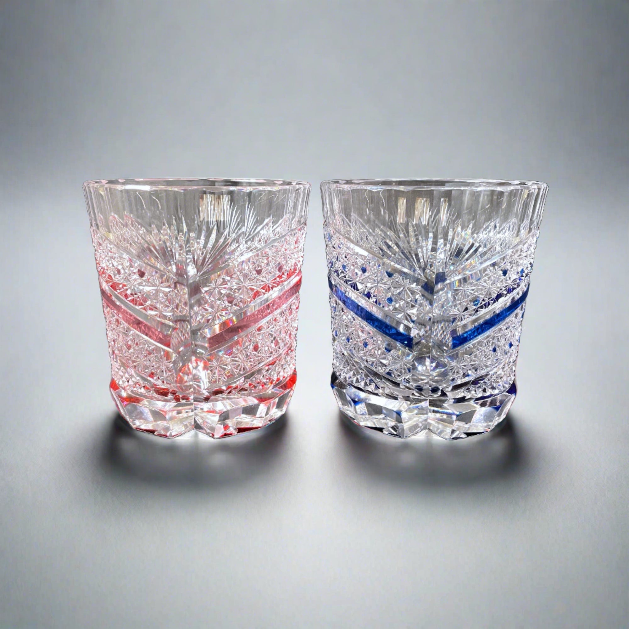Kagami Rock Glass Pair Set - Chrysanthemum Basket Weave & Fish Scales 菊籠目に魚子紋