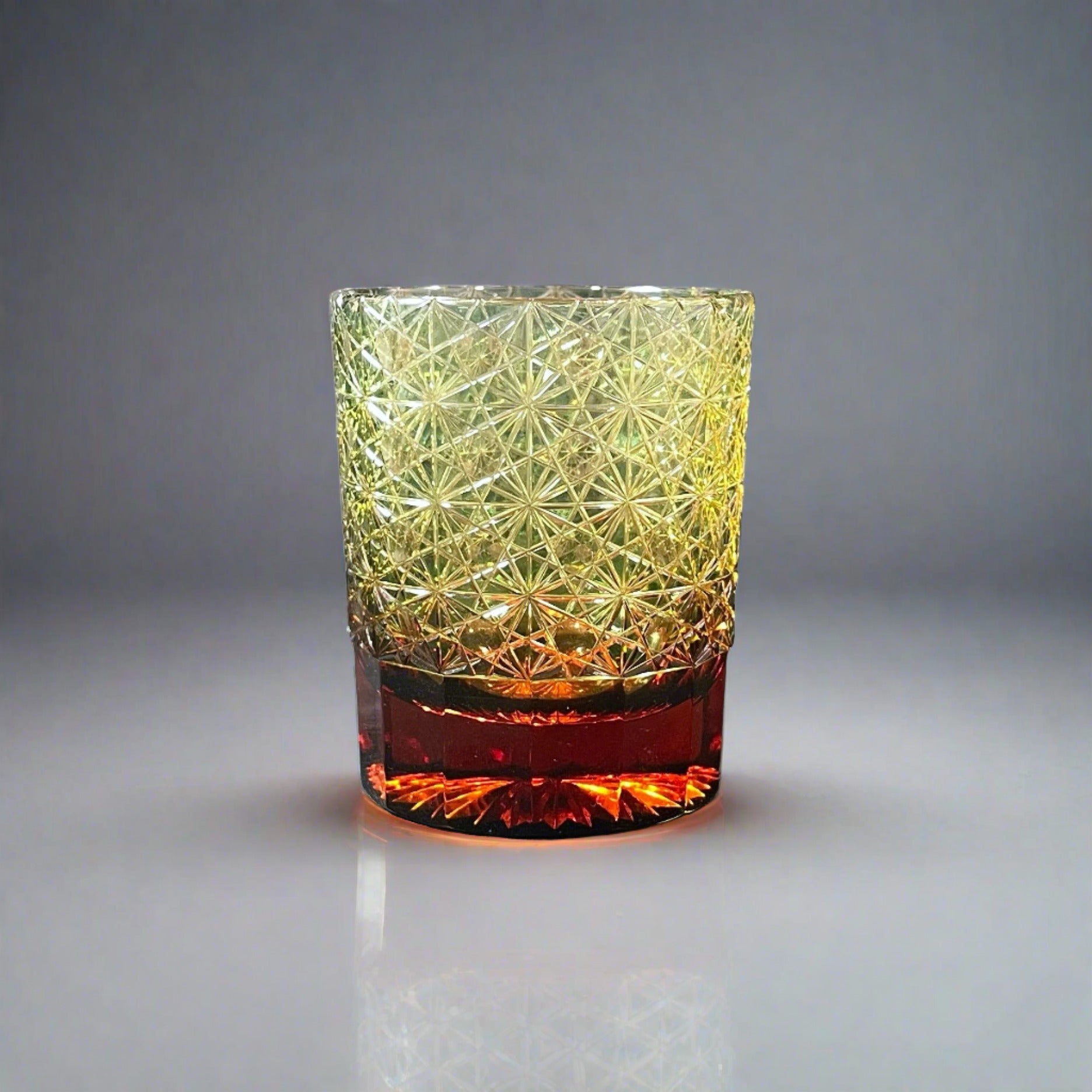 Yamada Glass Edo Kiriko Crystal Mini Whisky Glass - Entsunagi 縁繋ぎ (Amber Green)