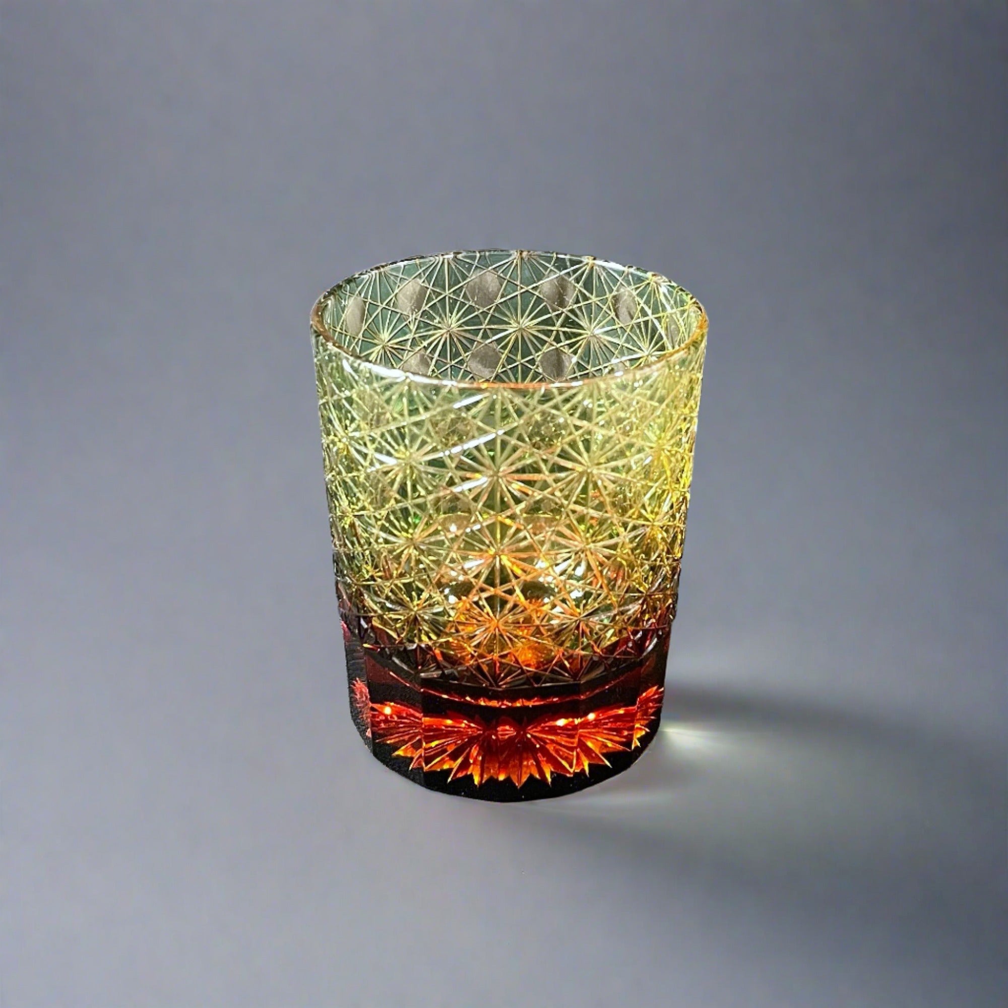 Yamada Glass Edo Kiriko Crystal Mini Whisky Glass - Entsunagi 縁繋ぎ (Amber Green)