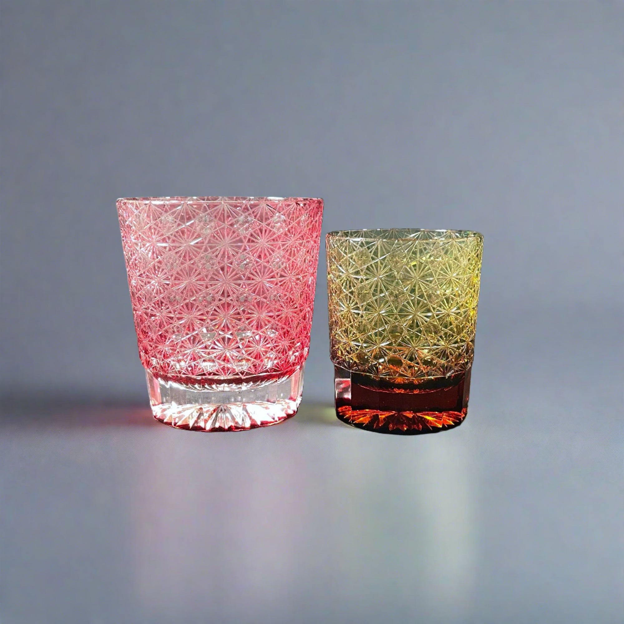 Yamada Glass Edo Kiriko Crystal Mini Whisky Glass - Entsunagi 縁繋ぎ (Amber Green)