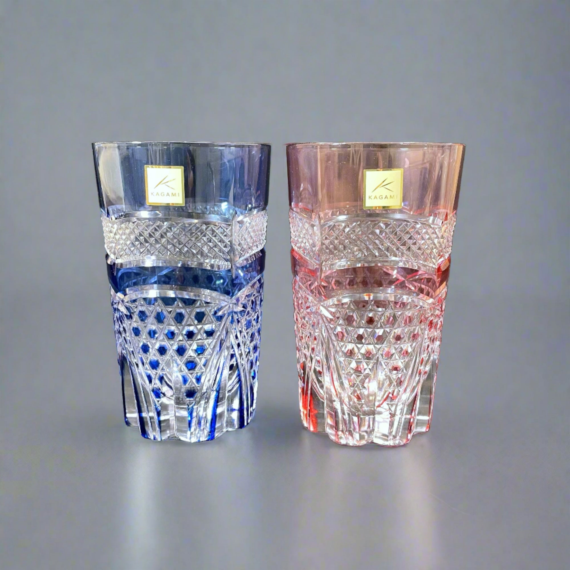 Kagami Edo Kiriko Pair of Tumblers - Fish scales & Hexagonal Basket Weave 魚子に六角籠目紋