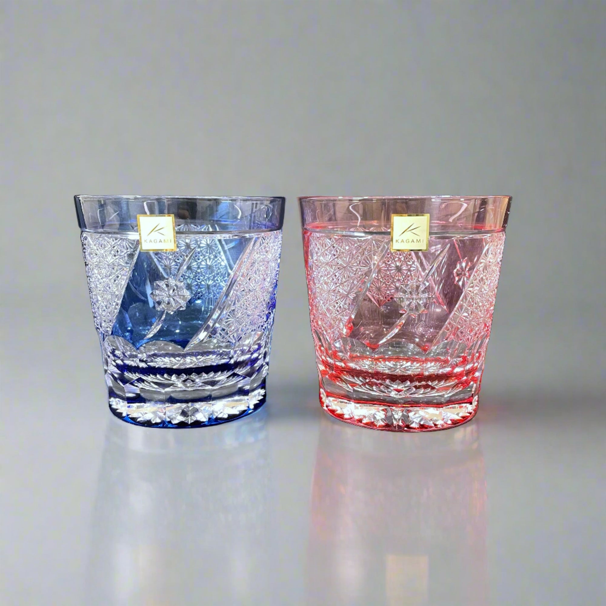 Kagami Rock Glass Pair Set by Hideaki Shinozaki - Chrysanthemum Weave & Flowers 菊つなぎに花