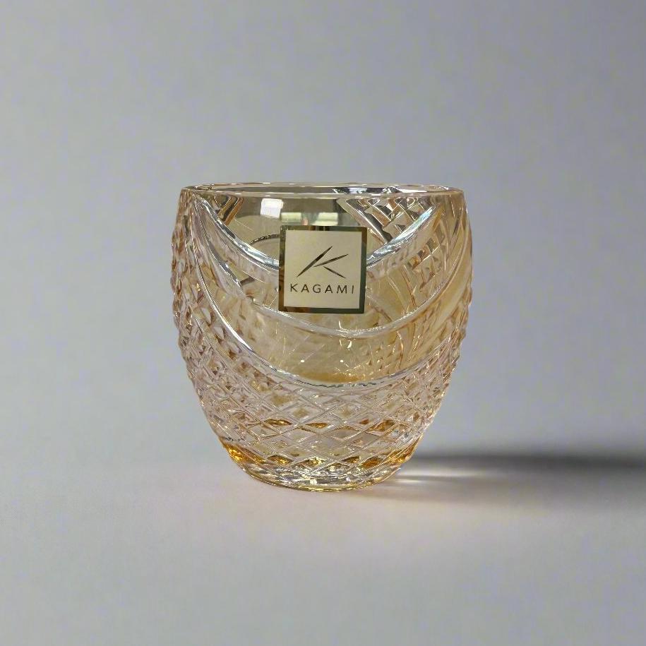 Kagami Edo Kiriko Sake Glass - Fish Scales Strip 魚子流し紋 (Yellow)