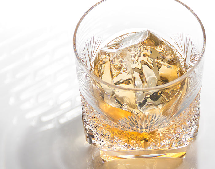 Kagami Edo Kiriko Rock Glass - Bamboo Leaves & Chrysanthemum Mesh