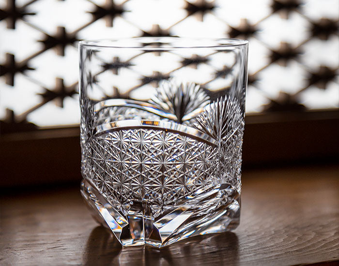 Kagami Edo Kiriko Rock Glass - Bamboo Leaves & Chrysanthemum Mesh