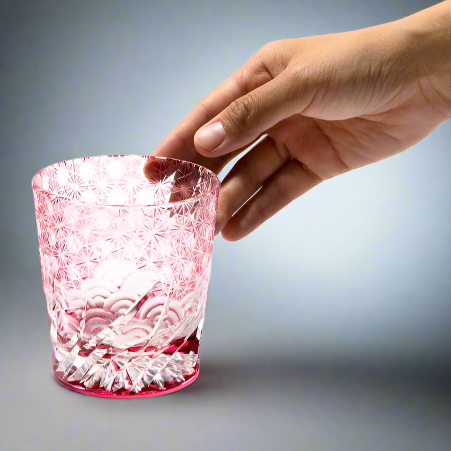 Yamada Glass Edo Kiriko Crystal Whisky Glass - Sazanami 漣 (Pink)
