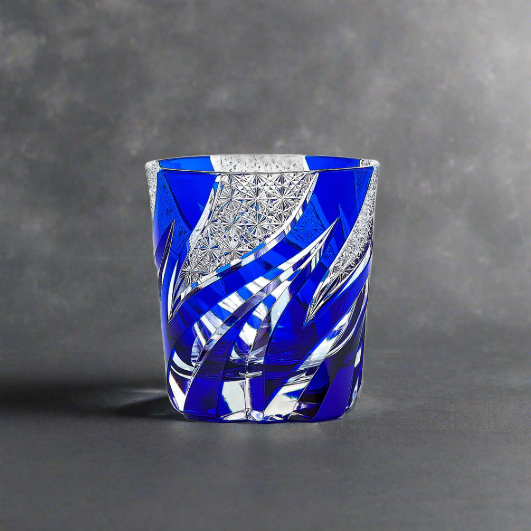 Haku Edo Kiriko Crystal Whisky Glass - Homura 焔 (Blue)