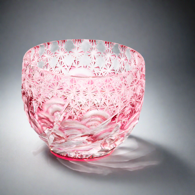 Yamada Glass Edo Kiriko Crystal Sake Glass - Sazanami 漣 (Pink)