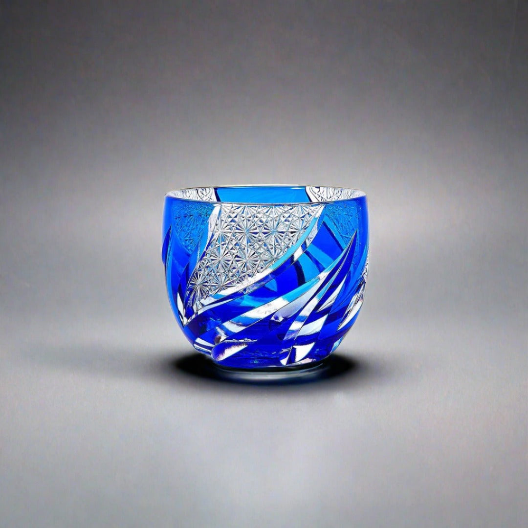 Haku Edo Kiriko Crystal Sake Glass - Homura 焔 (Blue)