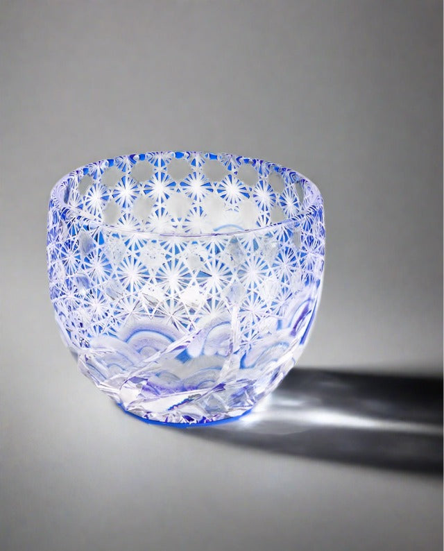 Yamada Glass Edo Kiriko Crystal Sake Glass - Sazanami 漣 (Blue)