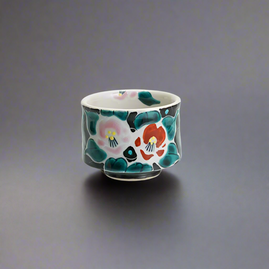 Kutani-ware Floral Ceramic Sake Cup Black