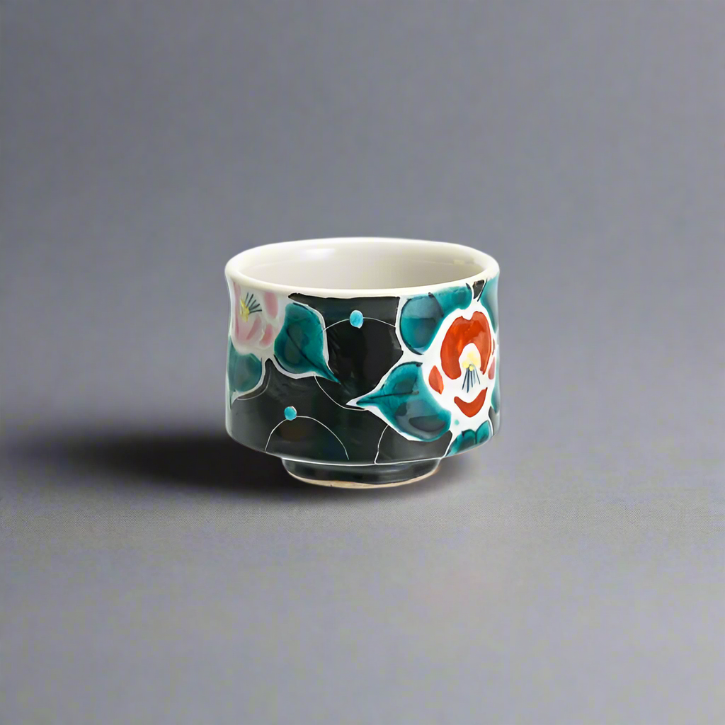 Kutani-ware Floral Ceramic Sake Cup Black
