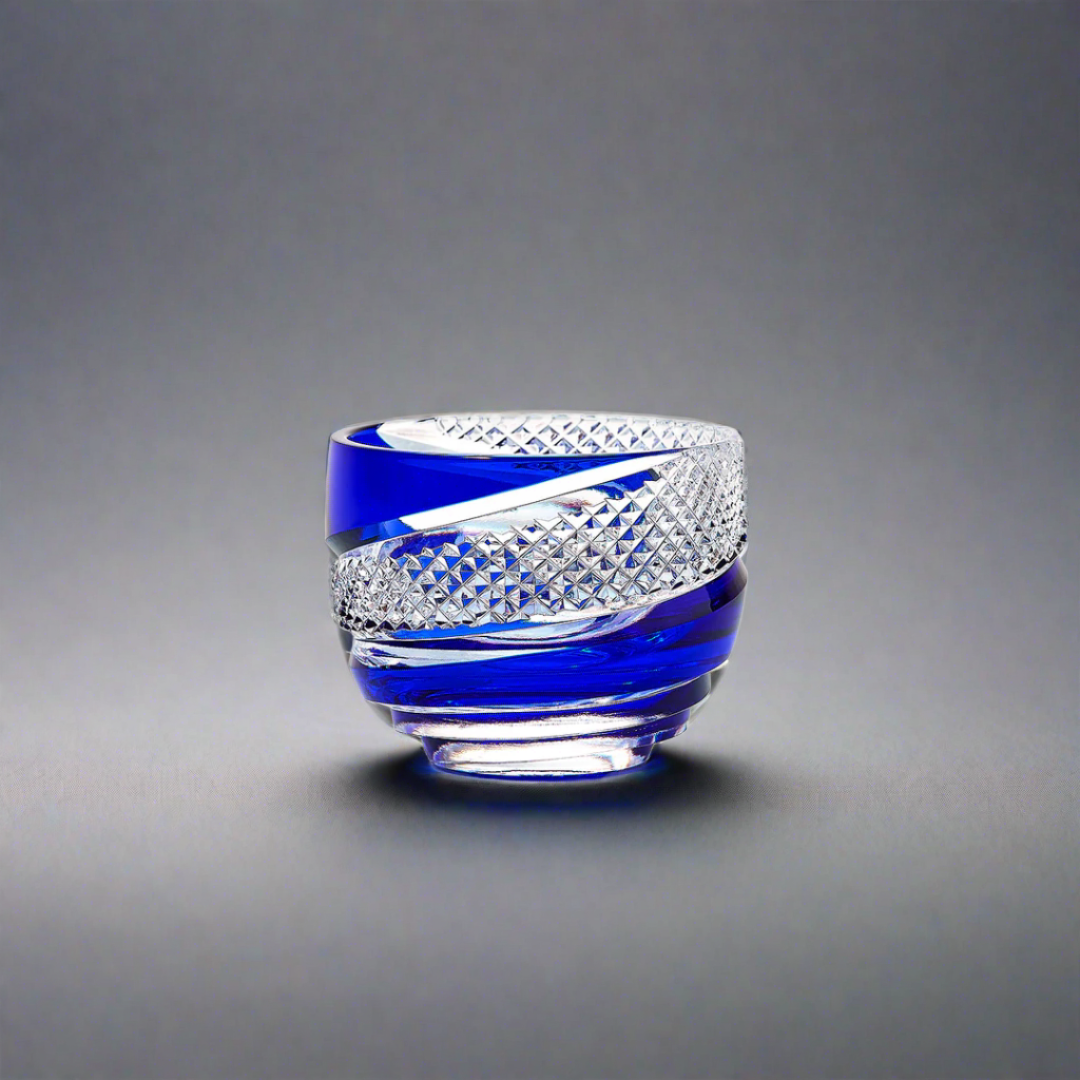 Haku Edo Kiriko Crystal Sake Glass- Uzu 渦 (Blue)