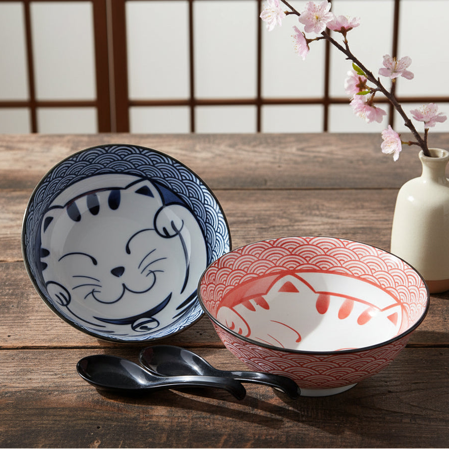 Seigaiha Cat Noodle Bowl Set of 2