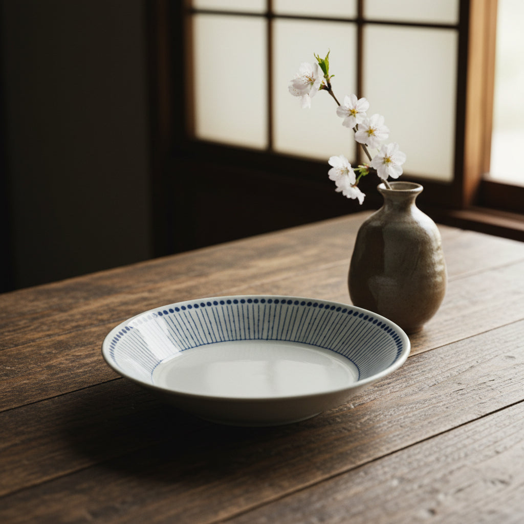 Mino-ware Blue Linear Stripe Deep Plate