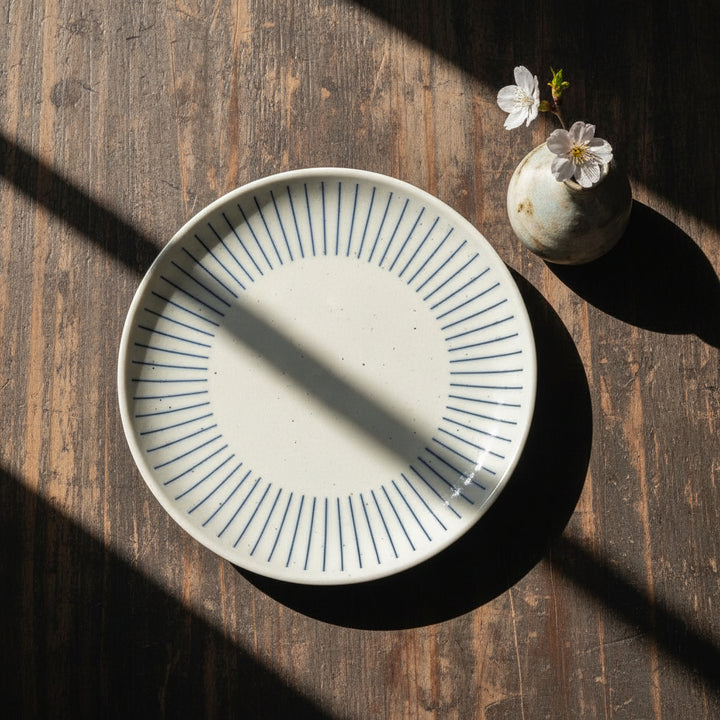 Blue lines off white plate