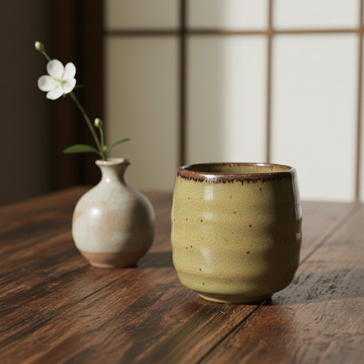 Mino-ware barrel shaped green teacup