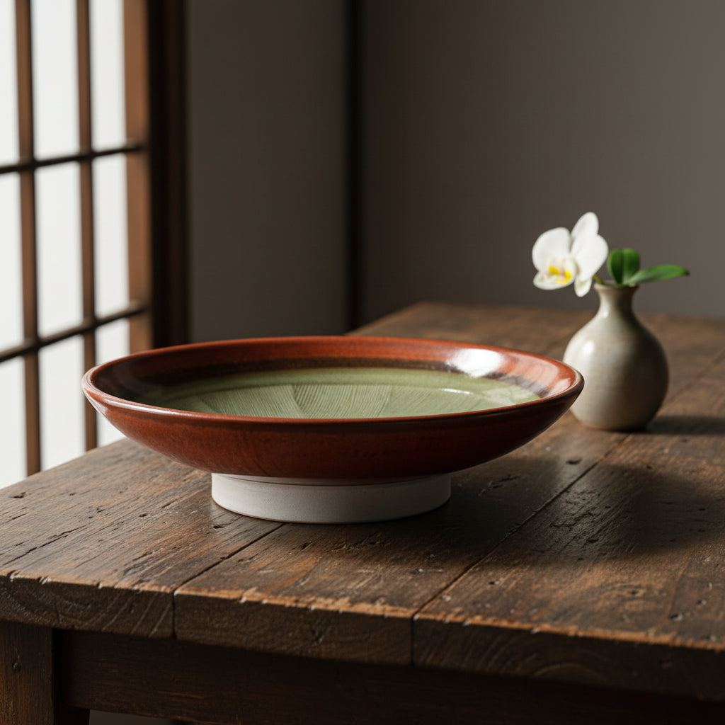 Red Glaze Comb-textured Footed Plate
