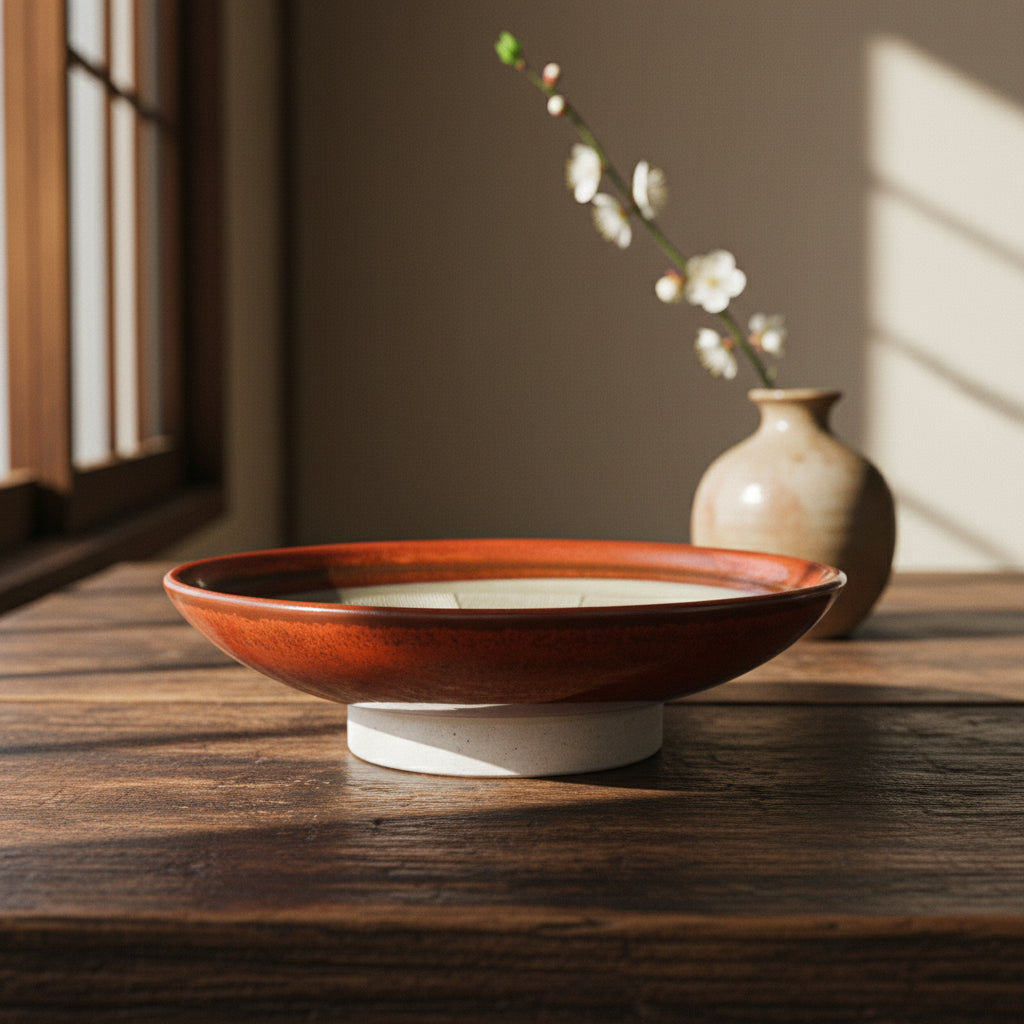 Red Glaze Comb-textured Footed Plate