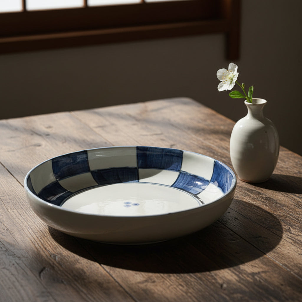 Hand-painted Indigo Grid Deep Plate