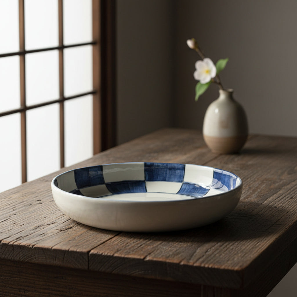 Hand-painted Indigo Grid Deep Plate