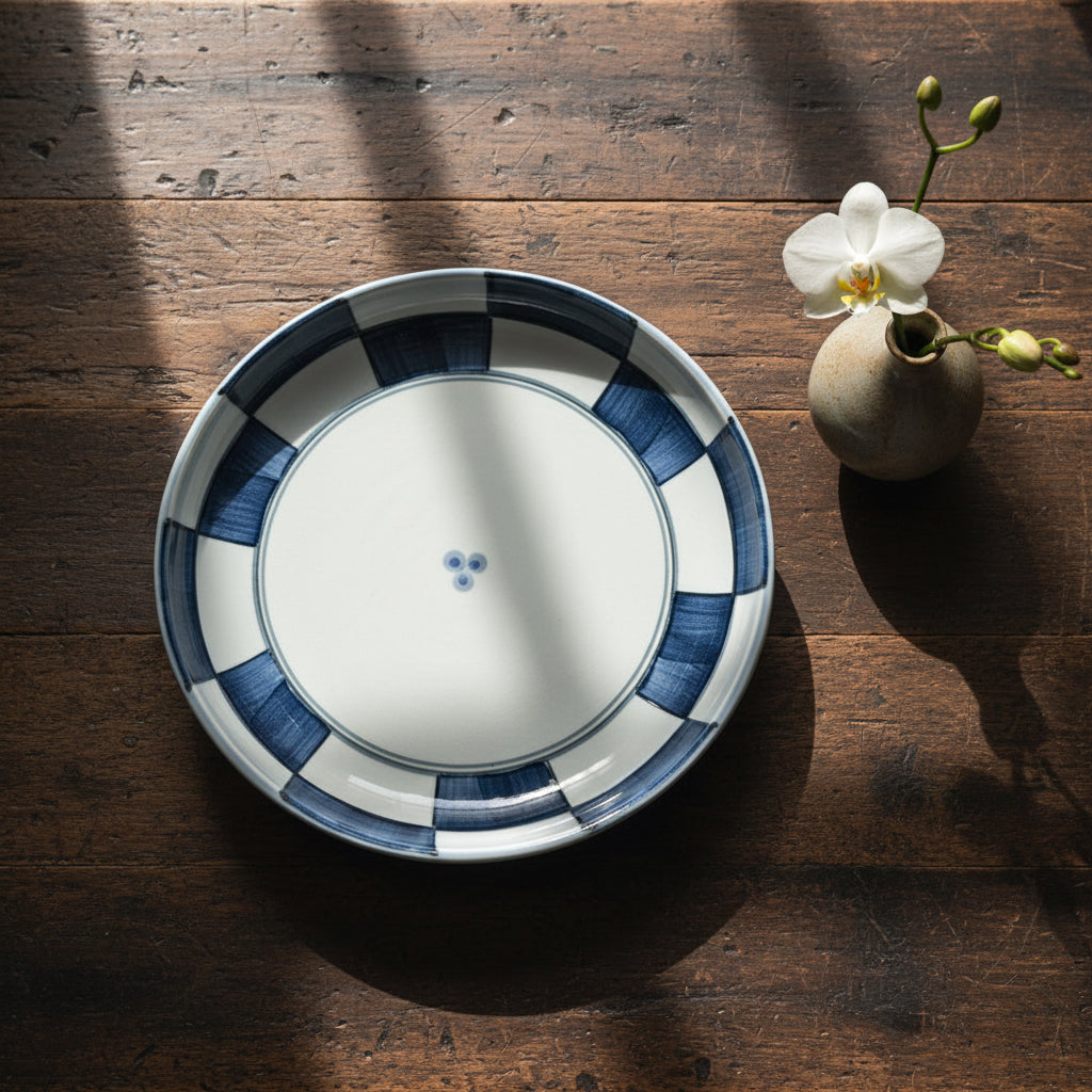 Hand-painted Indigo Grid Deep Plate
