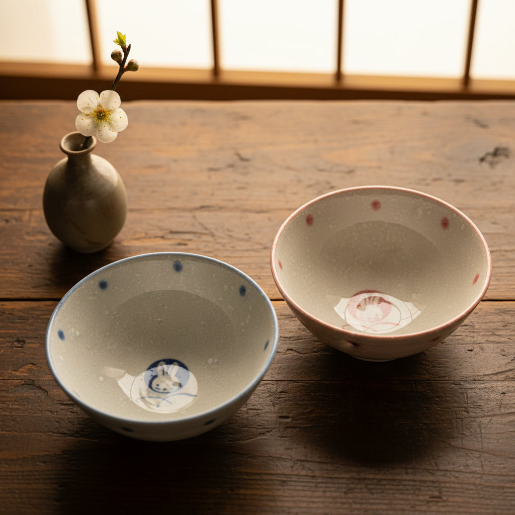 Mino-ware Moon &amp; Rabbit Bowl Pair
