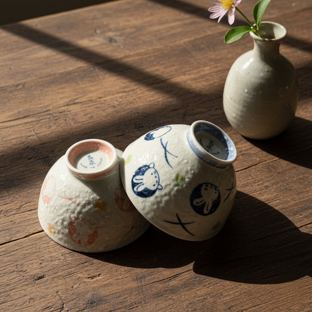 Mino-ware Moon &amp; Rabbit Bowl Pair