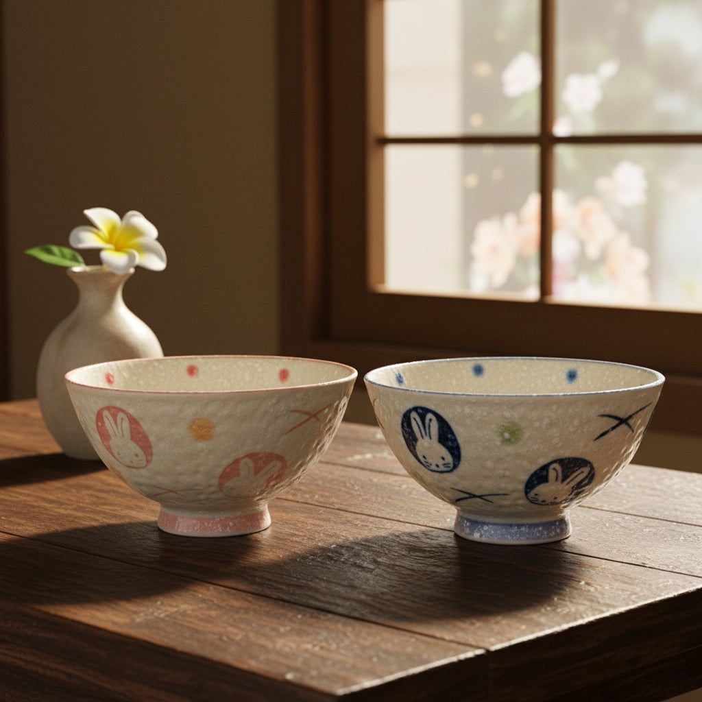 Mino-ware Moon &amp; Rabbit Bowl Pair