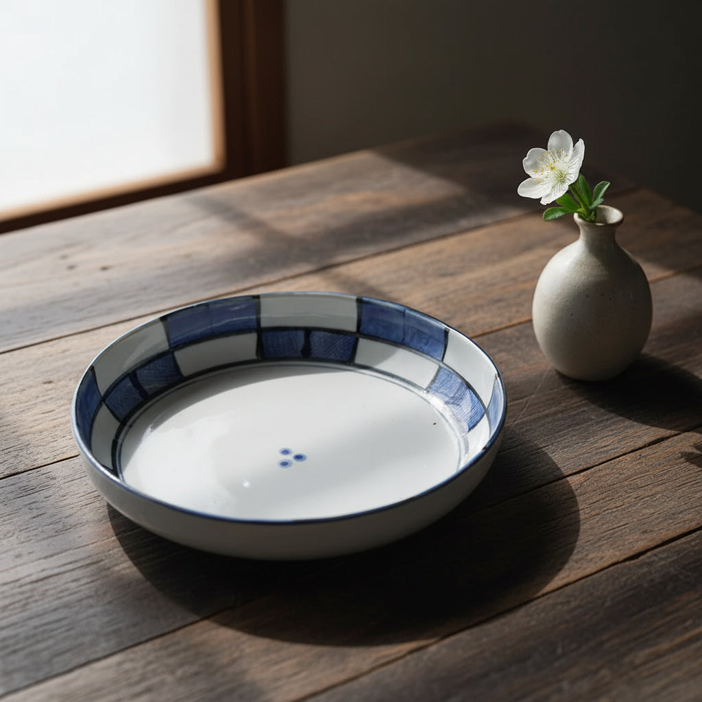 Hand-painted Indigo Grid Deep Plate