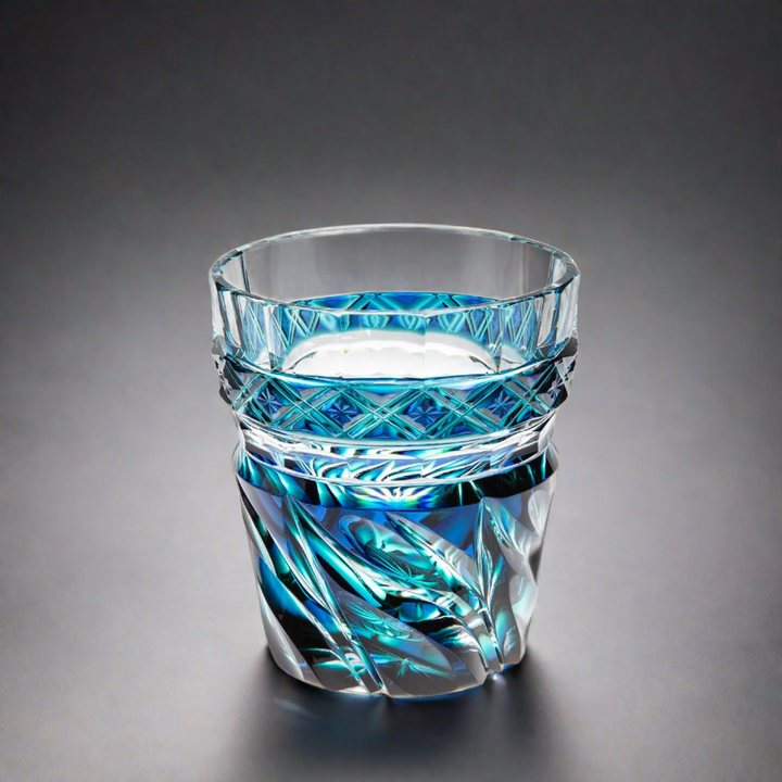 Satsuma Kiriko Flowing Flame whisky glass, blue, side view, grey background