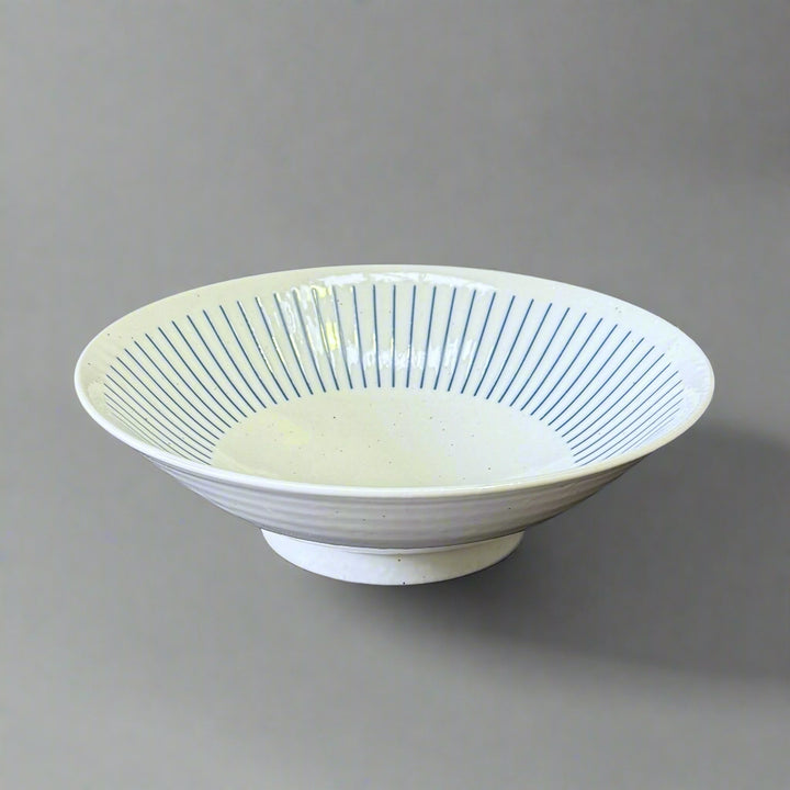 Blue lines off white ramen bowl