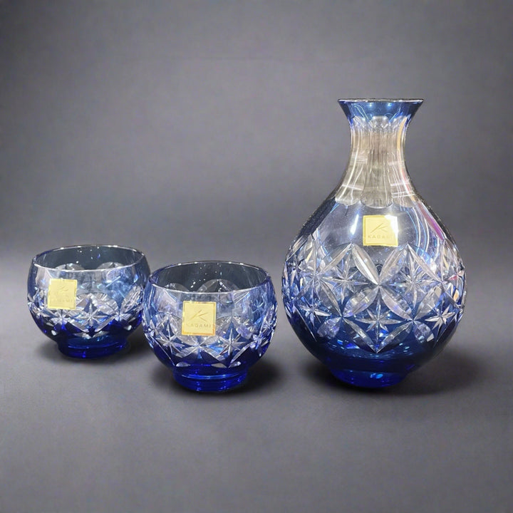Kagami shippo sake glass set, blue, side view, grey background